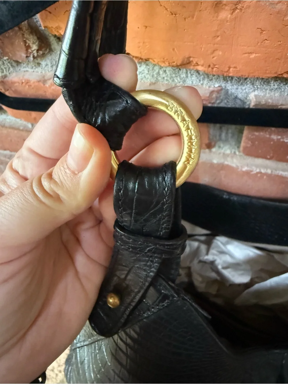 Brahmin Croc-Embossed Black Leather Hobo Bag with Gold Accent